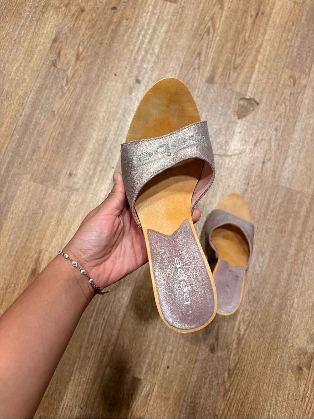 bebe Metallic Blush Slide Mules with Embellished Strap